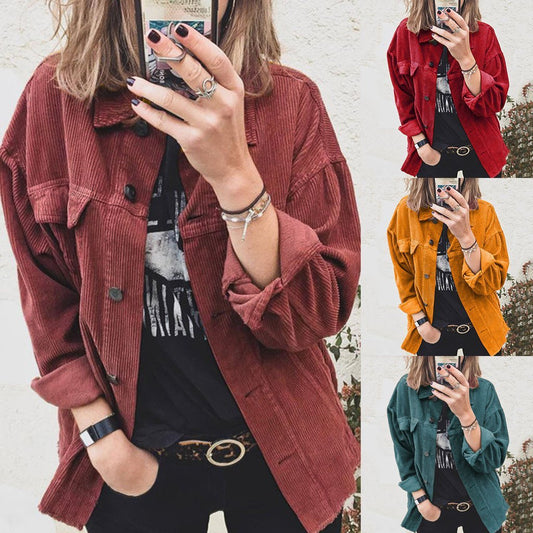 Harajuku Corduroy Jacket Women Winter Autumn Coat Plus Size Overcoat Women Casual Jacket Plain Loose Outwaer