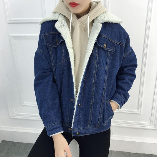 Fashion winter women thick lamb wool denim jacket loose fleece jean coat women casual warm denim coat outerwear
